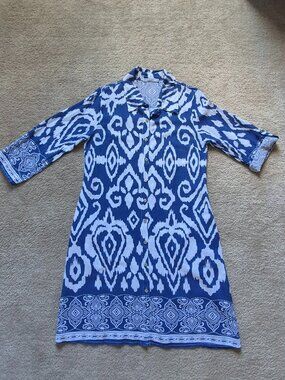 Valentina Naldi Italy Linen Dress Blue/White Button Up Collared Midi Size M
